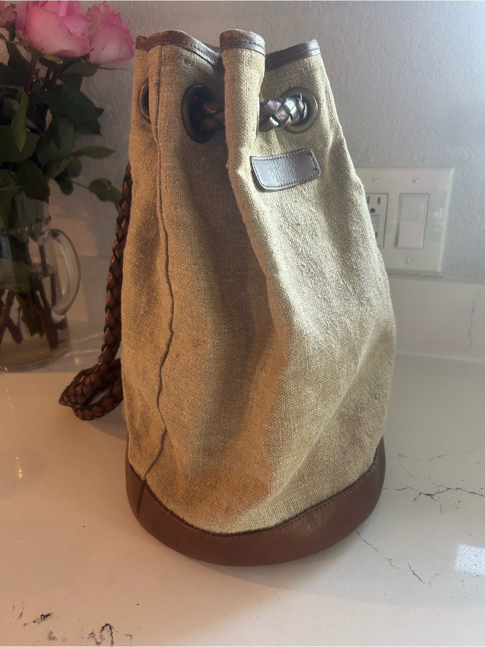 Ann Taylor Linen Bucket Bag with Braided Leather Strap - Flax